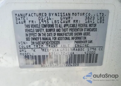 2016 Nissan Sentra S z USA, uszkodzony, nr VIN 3N1AB7AP3GY226328